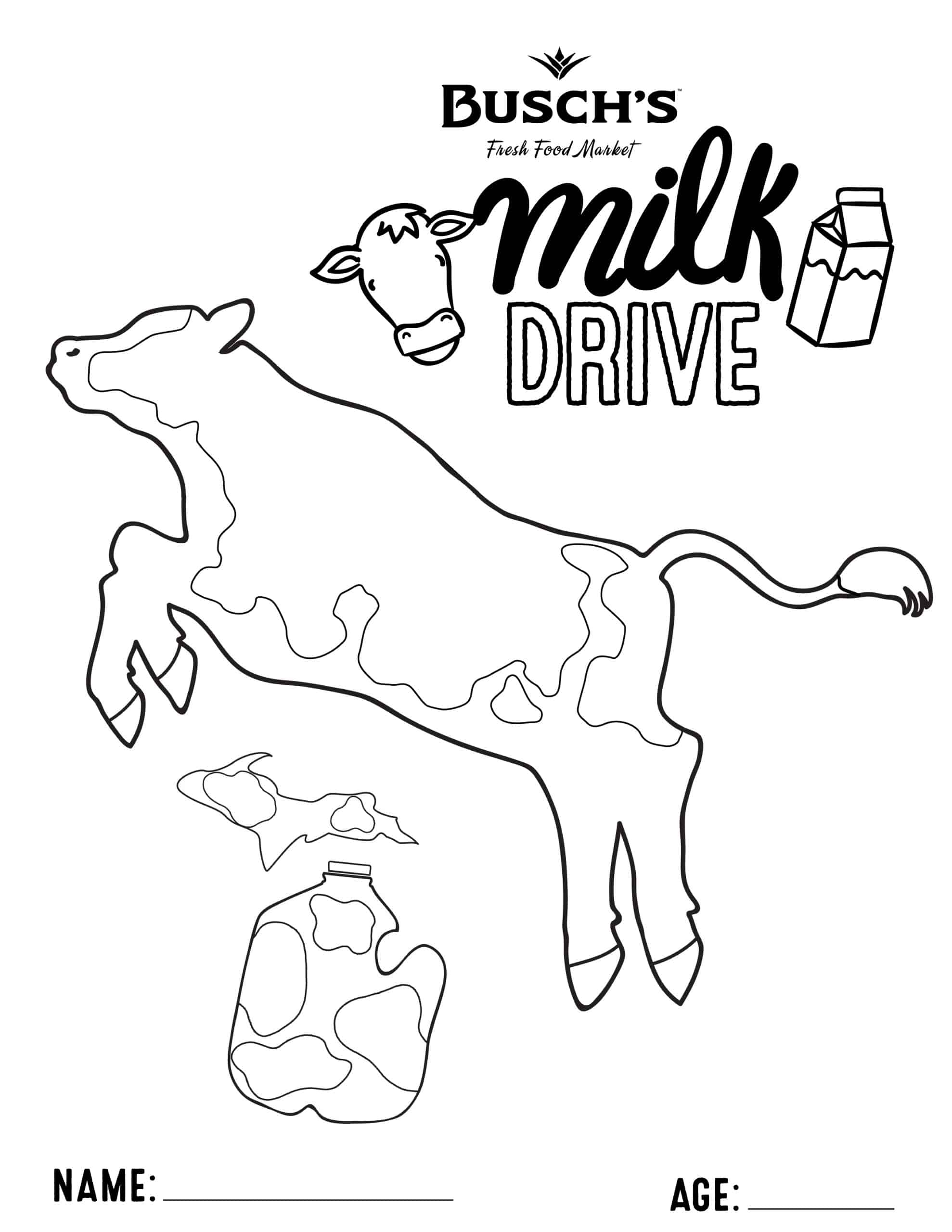 Black and white coloring sheet with a cow and milk jug outline.