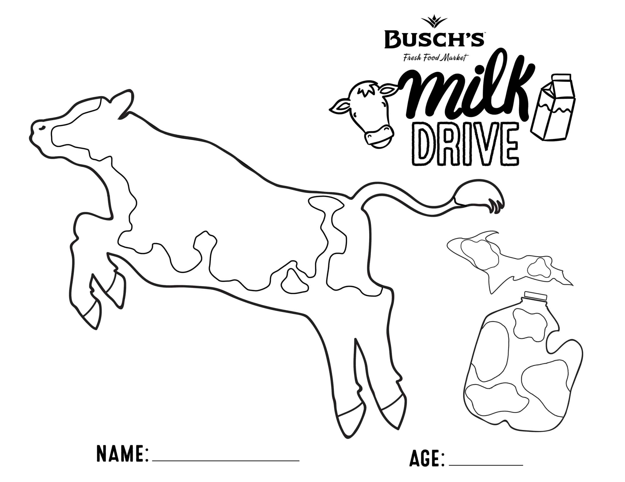 Black and white coloring sheet with a cow and milk jug outline.